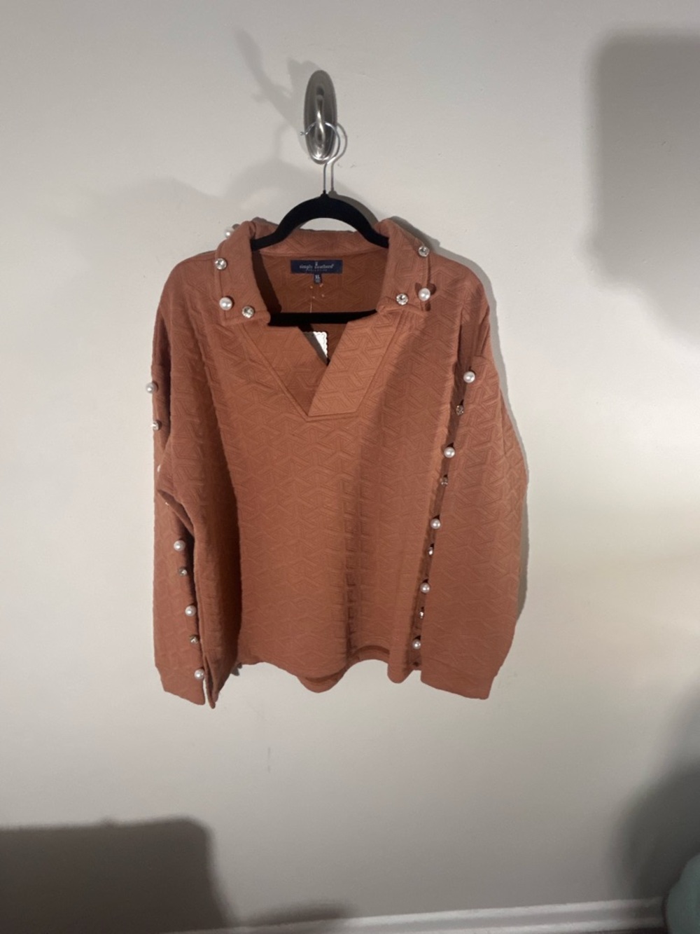 Cozy Pearl-Trim Hooded Pullover - Rust